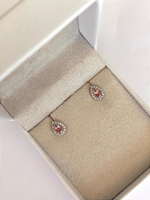 BRINCO OURO BRANCO TURMALINA ROSA E DIAMANTE