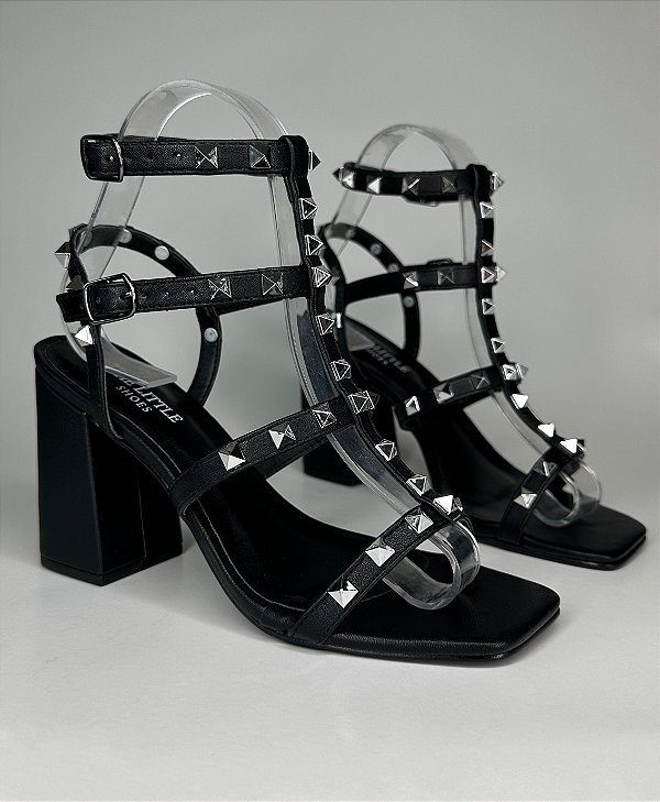 Sandália Martina Preto com Spikes Prata