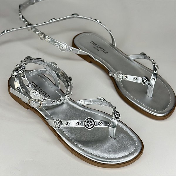 Moana - Sandália Rasteira Feminina de Moedas Prata