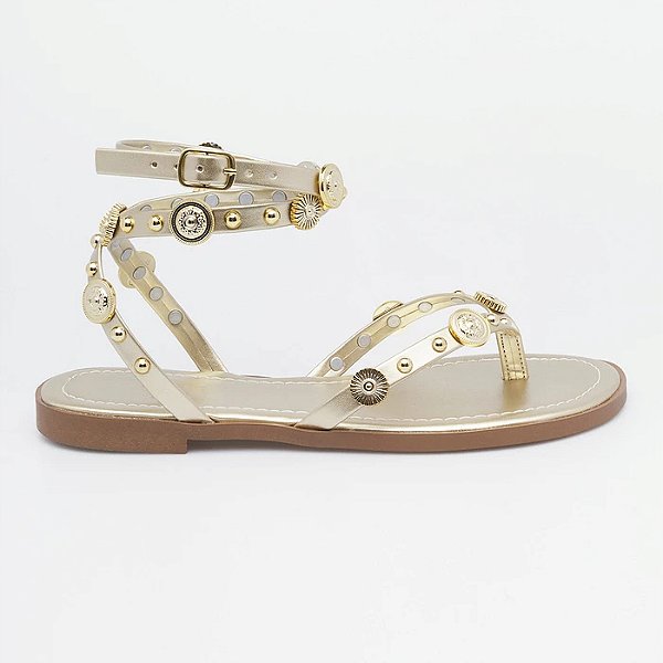 PRÉ VENDA - Moana - Sandália Rasteira Feminina de Moedas Dourada