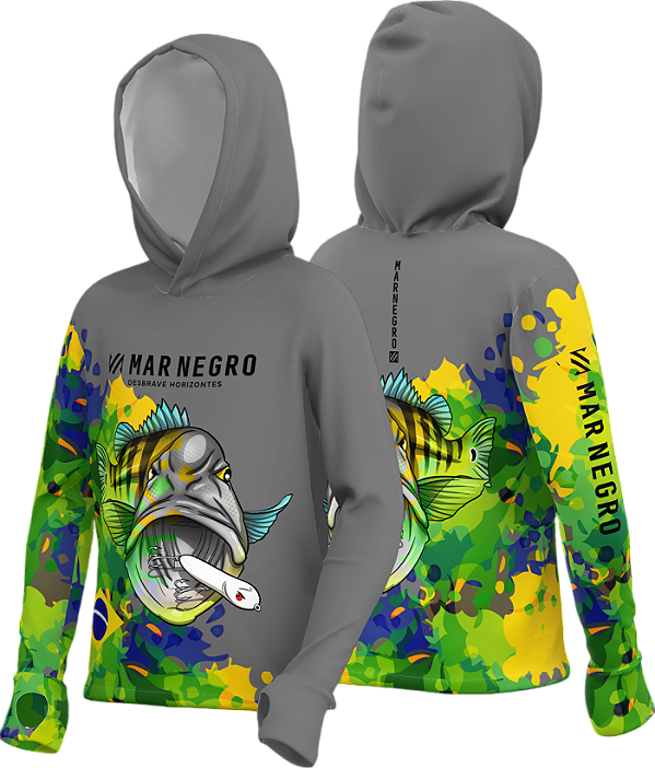 Camisa de Pesca Infantil Aquarela com Capuz Mar Negro