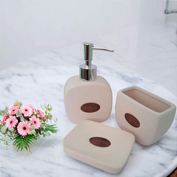 Saboneteira com 3 peças em ceramica kit lavabo porta sabonete porta algodão