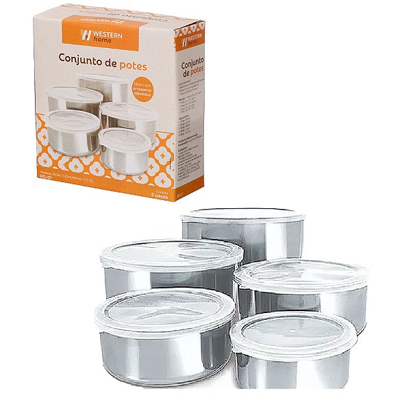 Jogo com 5 potes em inox com tampa plastica porta mantimentos