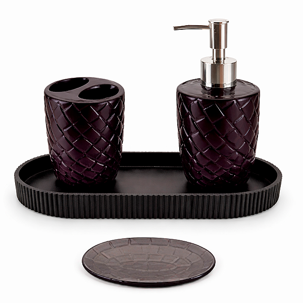 Kit Banheiro 4 Peças Cerâmica Preto – Dispenser 500ml, Porta Escova, Saboneteira e Bandeja