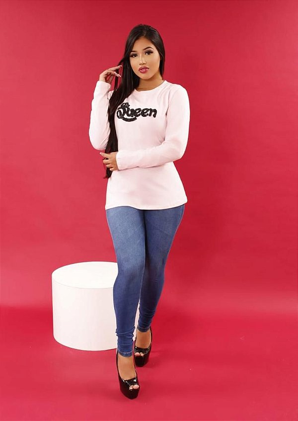 Blusas manga longa com aplicacao Queen DonaLu Moda