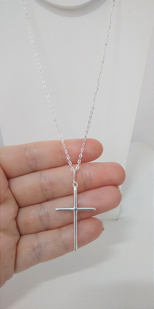 COLAR ELO QUADRADO COM CRUZ LISA PRATA 925