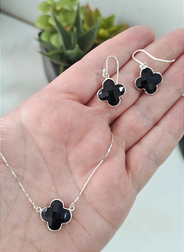 CONJUNTO PRATA 925 TREVO PRETO