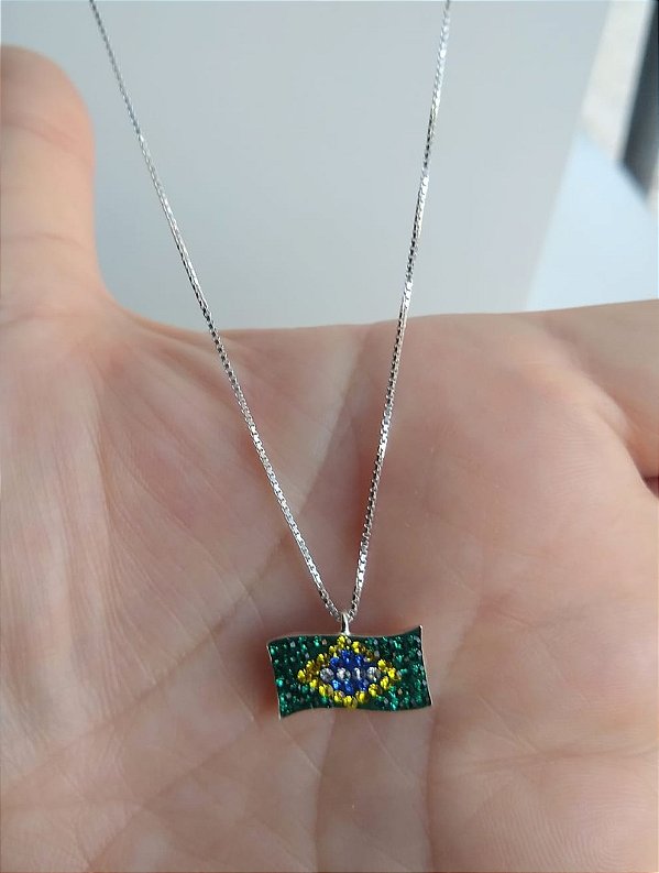 COLAR BRASIL PINGENTE COM MICROZIRCÔNIAS PRATA 925