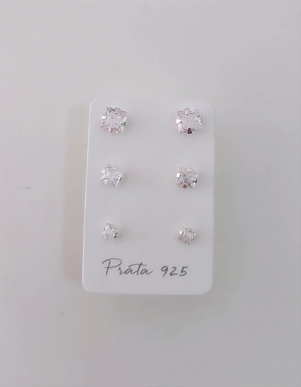 TRIO ZIRCÔNIAS QUADRADAS PONTO DE LUZ PRATA 925