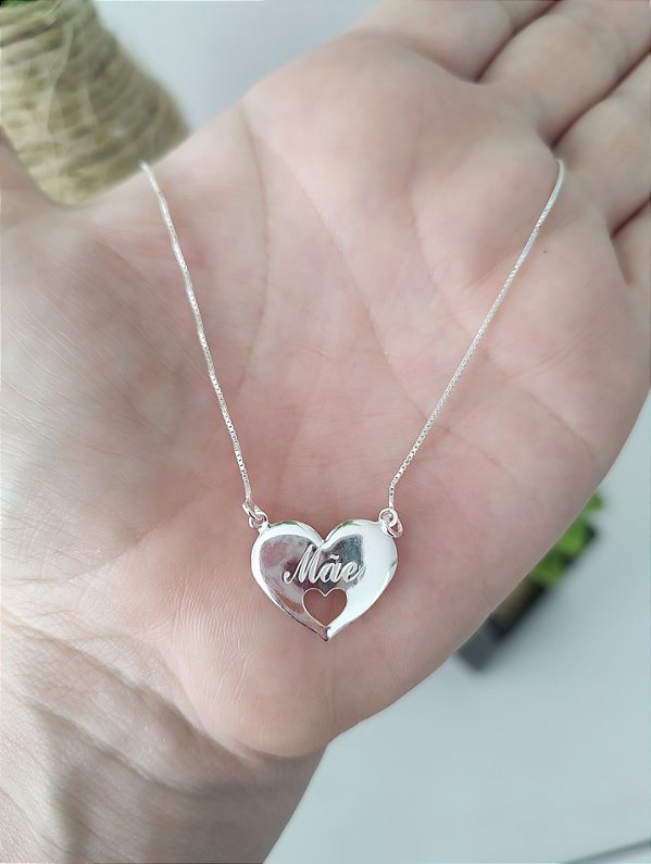 GARGANTILHA DE PRATA MÃE MEDALHA CORAÇÃO MÃE