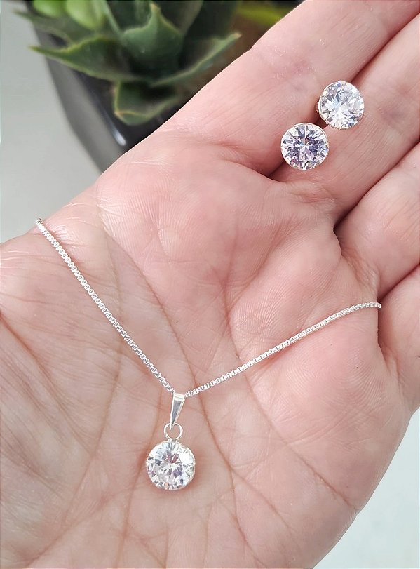 CONJUNTO PRATA 925 ZIRCÔNIA REDONDA 8 MM