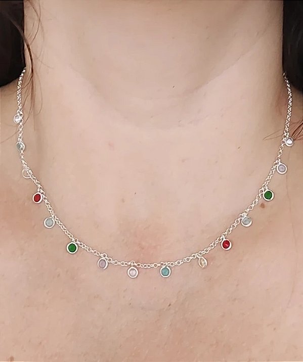 GARGANTILHA CHOKER ZIRCÔNIAS COLORIDAS PRATA 925
