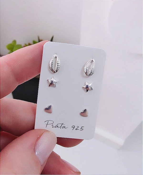 TRIO PRATA 925 BÚZIOS CORAÇÃO ESTRELA