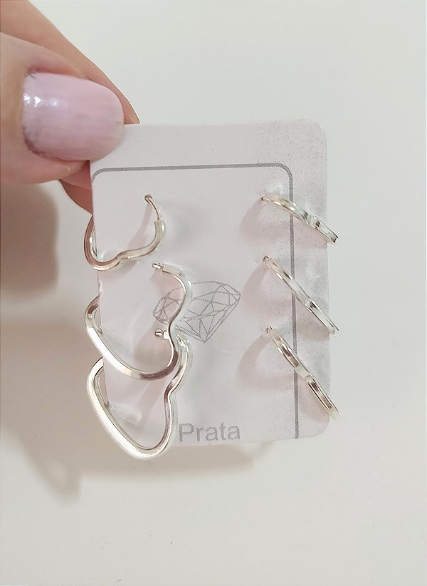 TRIO ARGOLAS CORAÇÃO LISAS PRATA 925
