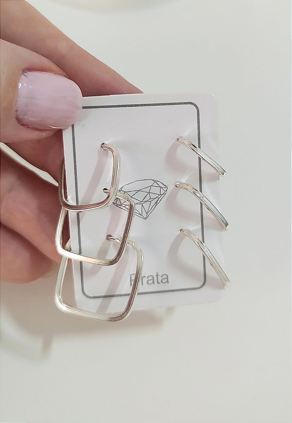 TRIO ARGOLAS QUADRADAS LISAS PRATA 925