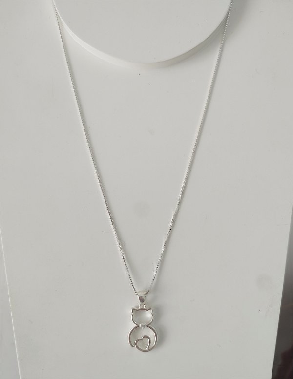 COLAR DE PRATA 925 GATO VAZADO CORAÇÃO E PONTO DE LUZ