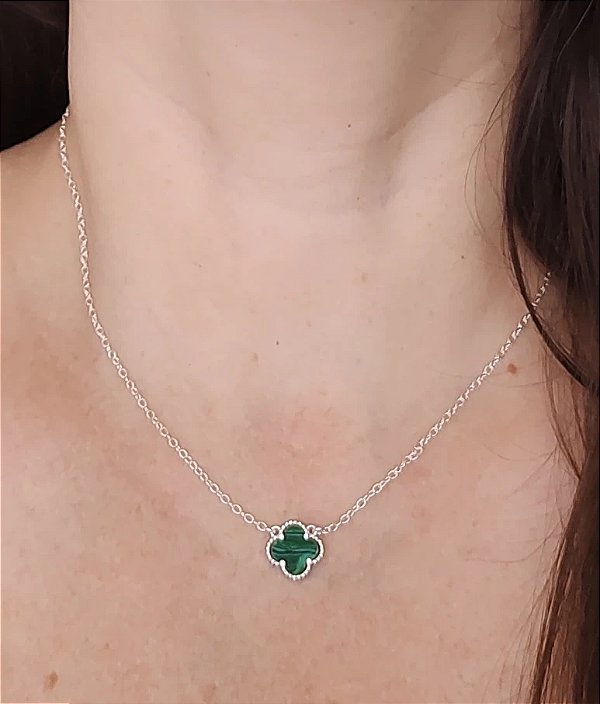 GARGANTILHA CHOKER TREVO PEDRA NATURAL PRATA 925