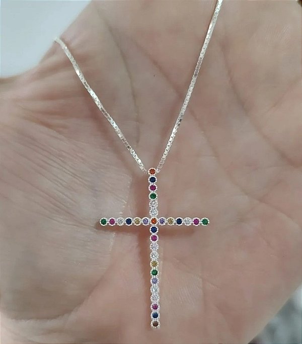 COLAR DE PRATA CRUZ CRAVEJADA COM ZIRCÔNIAS COLORIDAS