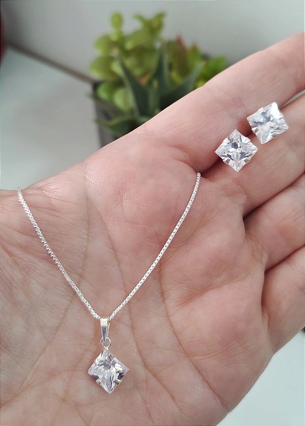 CONJUNTO PRATA 925 ZIRCÔNIA QUADRADA 8 MM