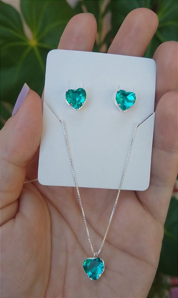 CONJUNTO CORAÇÃO ZIRCÔNIA CORES PRATA 925