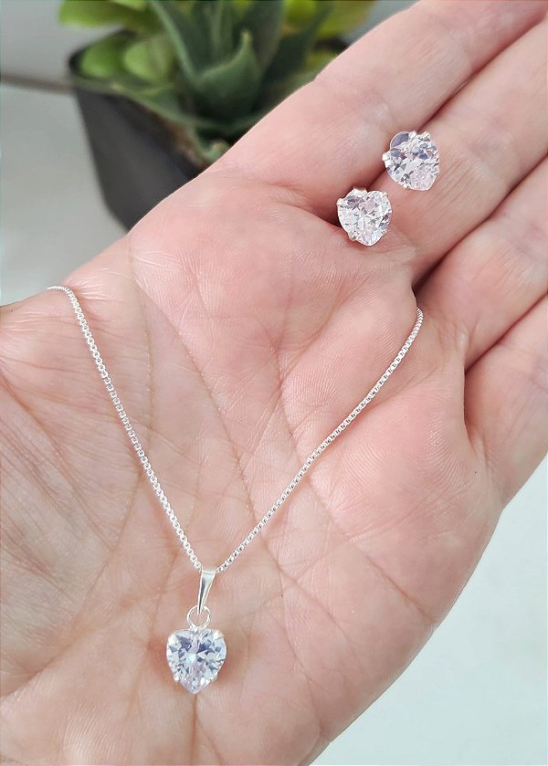 CONJUNTO CORAÇÃO ZIRCÔNIA 8 MM PRATA 925