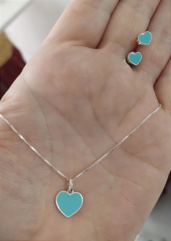 CONJUNTO CORAÇÃO AZUL ESMALTADO PRATA 925