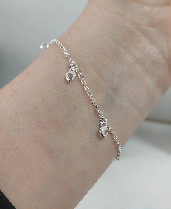 PULSEIRA DE PRATA 925 CORAÇÕES ZIRCÔNIAS
