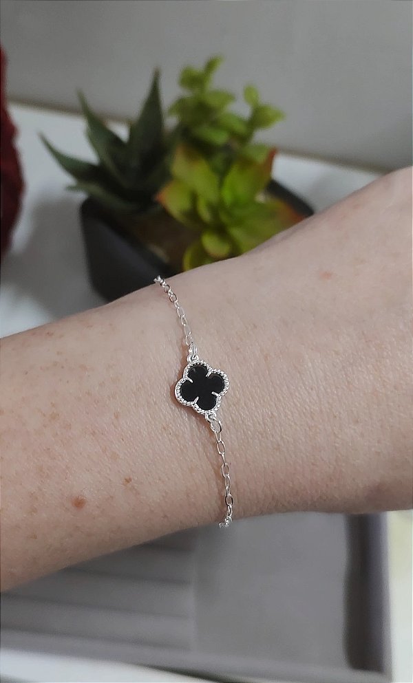 PULSEIRA DE PRATA 925 TREVO PRETO