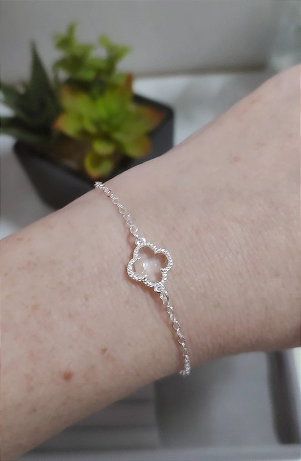 PULSEIRA DE PRATA 925 TREVO ZIRCÔNIA BRANCA
