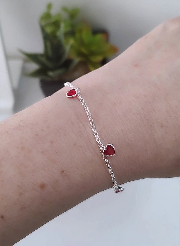 PULSEIRA DE PRATA 925 CORAÇÕES VERMELHO