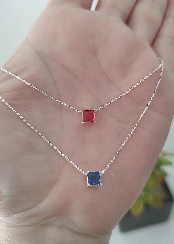 COLAR PRATA 925 ZIRCÔNIA QUADRADA CORES