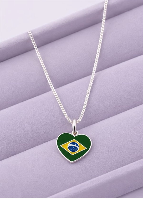 COLAR PRATA 925 MEDALHA CORAÇÃO BRASIL