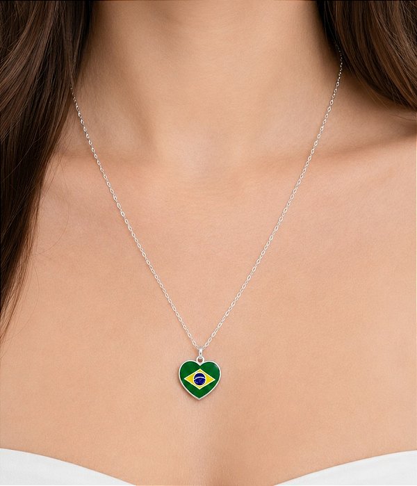COLAR PRATA 925 MEDALHA CORAÇÃO BRASIL
