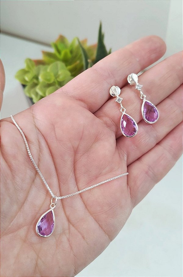 CONJUNTO PRATA 925 GOTA LILÁS ZIRCÔNIA