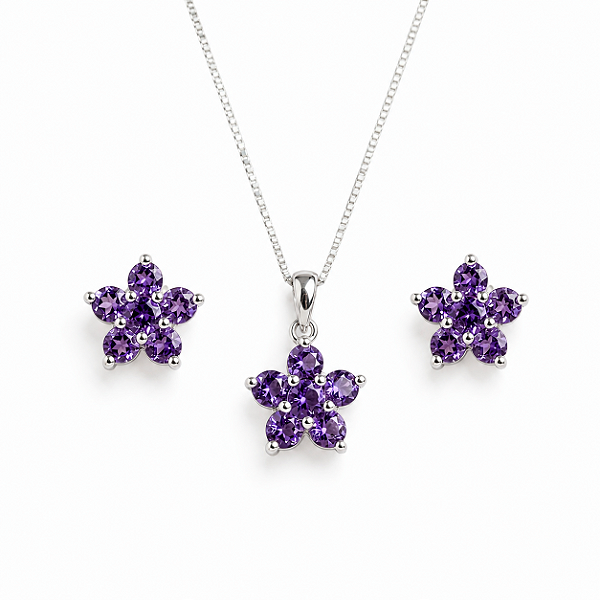 CONJUNTO PRATA 925 FLOR LILÁS