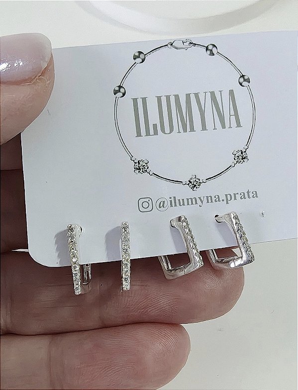 DUPLA DE ARGOLINHAS CLICK QUADRADA CRAVEJADA PRATA 925
