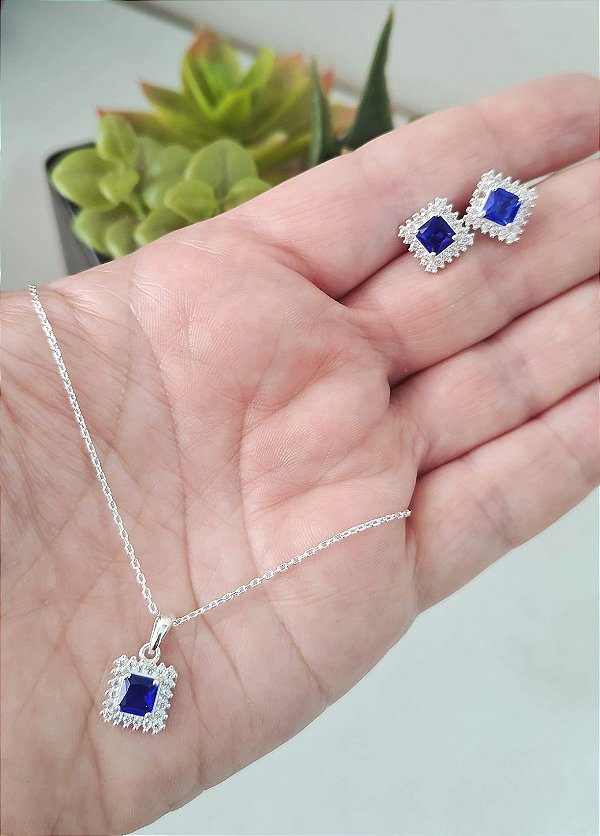 CONJUNTO PRATA 925 GIORGINA AZUL