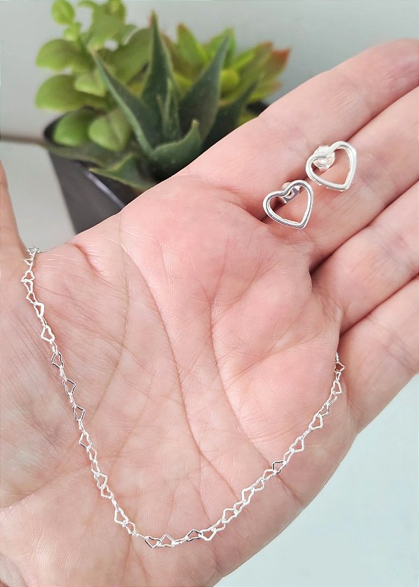 CONJUNTO CORRENTE ELO CORAÇÃO E BRINCO CORAÇÃO PRATA 925