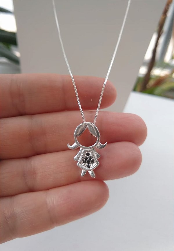 COLAR DE PRATA 925 MENINA COM PEDRAS JET