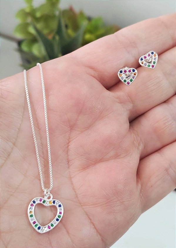 CONJUNTO PRATA 925 CORAÇÃO CRAVEJADO ZIRCÔNIAS