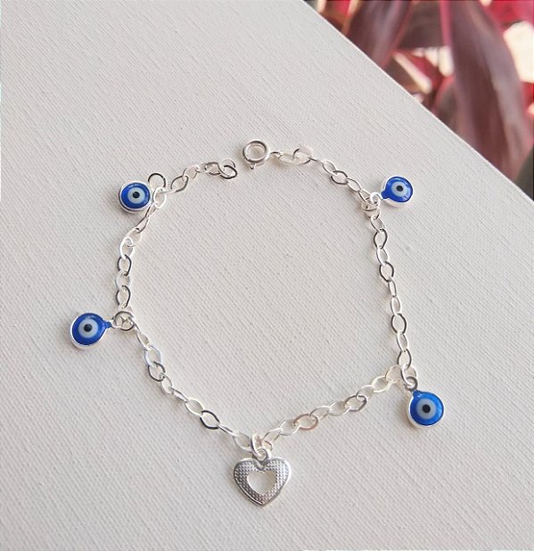 PULSEIRA OLHO GREGO E CORAÇÃO PRATA 925