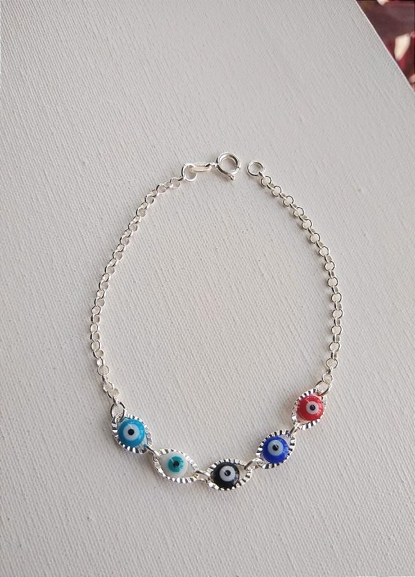 PULSEIRA OLHO GREGO CINCO CORES ELO PORTUGUÊS PRATA 925