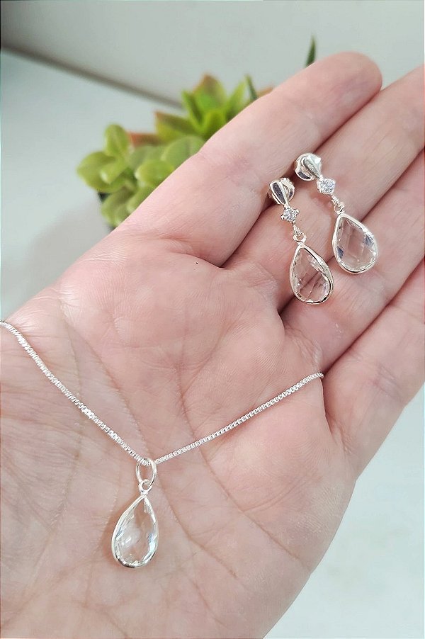 CONJUNTO PRATA 925 GOTA COR CRISTAL ZIRCÔNIA