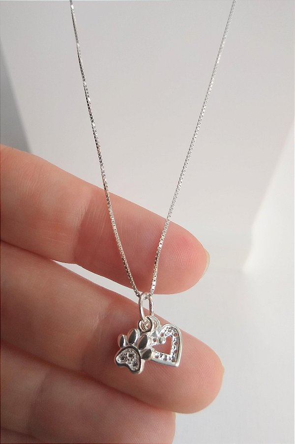 COLAR PET COM PINGENTE CORAÇÃO E PATINHA COM ZIRCÔNIAS PRATA 925