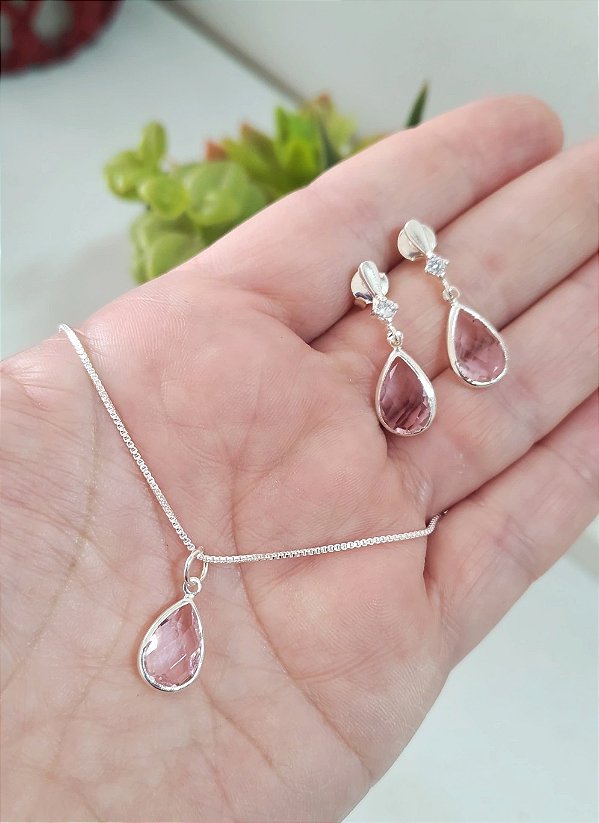 CONJUNTO PRATA 925 GOTA ROSA ZIRCÔNIA