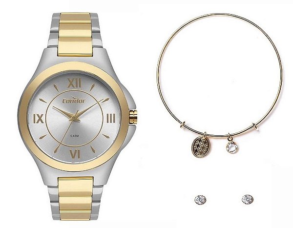 Kit Relógio Condor Feminino Bicolor CO2035KXV/K5K + Pulseira e brincos