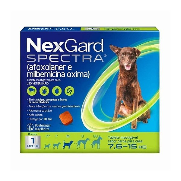 NexGard Spectra Antipulgas e Vermífugo Cães 7,6kg a 15kg 1 tablete