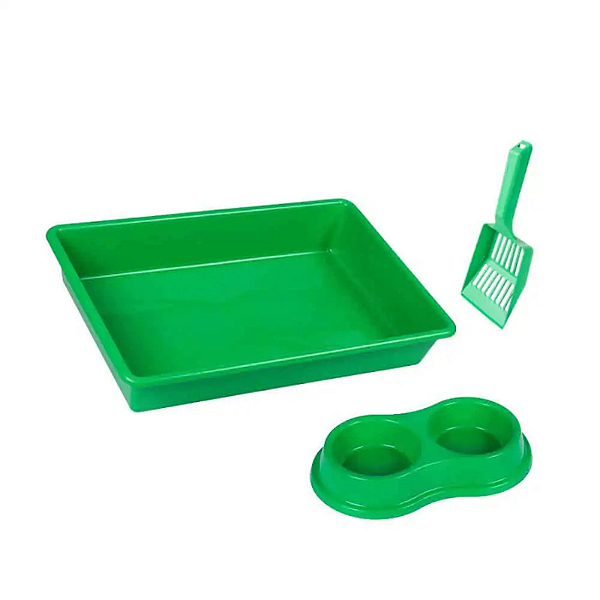 Kit Higiênico Para Gatos: Bandeja, Pá e Comedouro Four Plastic - Verde