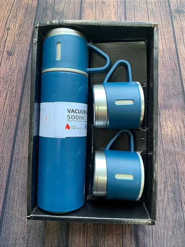 Kit Garrafa Térmica Com 3 Xicaras Aço Inox Camada Dupla