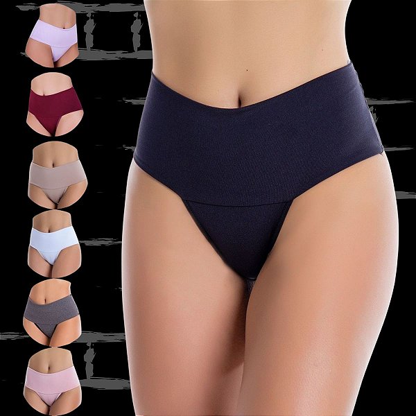 kit 5 Calcinhas Power Fitness - Cintura Alta Cós Duplo Segura Barriga Modeladora